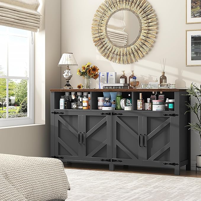 knoworld Buffet Sideboard with Storage Farmhouse with 4 Doors, 55'' Large Kitchen Storage Cabinet Wood Coffee Bar Cabinet Buffet Table with Shelves for Kitchen, Dining Room, Entryway (Black, 55 in)