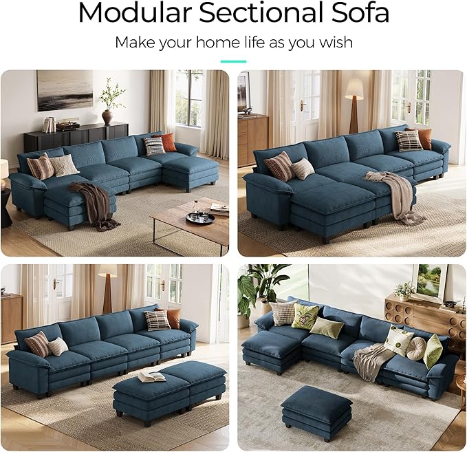 LINSY HOME 157" Modular U-Shaped Sectional Sofa, 4-Seat Corduroy Modern Cloud Couch with Deep Seat & 2 Movable Ottoman, Perfect for Living Room, Office, Bedroom, Blue