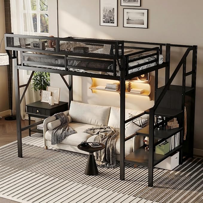 Mirightone Twin Size Loft Bed with Stairs and Storage, Metal Loft Bed Frame with A Shelf and Large Under-Bed Space, Heavy-Duty Loft Beds for Kids Boys Girls Teens, Black