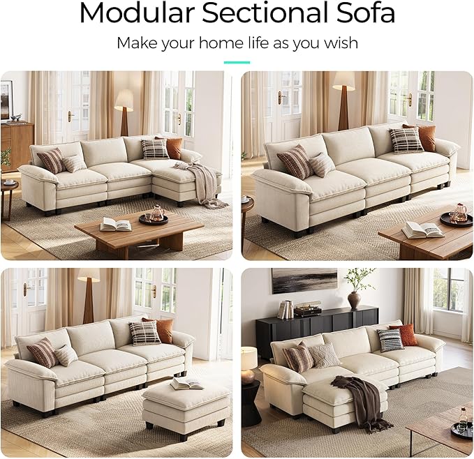 LINSY HOME 123" Modular L-Shaped Sectional Sofa, 3-Seat Corduroy Modern Cloud Couch with Deep Seat & 1 Movable Ottoman, Perfect for Living Room, Office, Bedroom, Beige