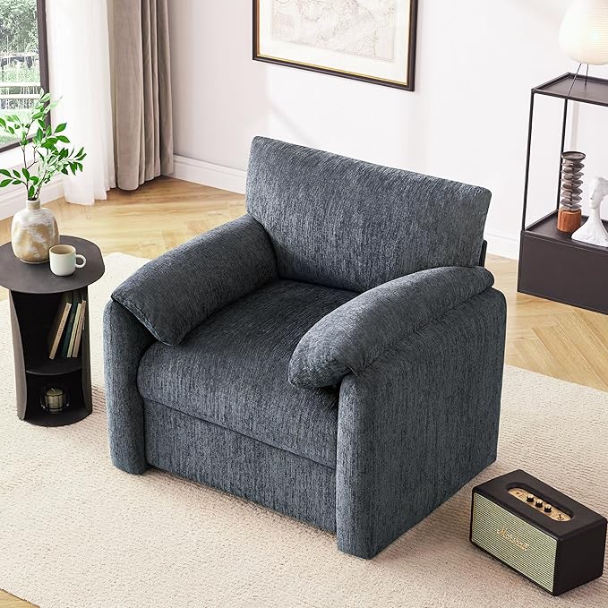 Howjoe Chenille Oversized Armchair, 38.6" Wide Accent Chairs for Living Room & Bedroom Modern Lounge Chair, Upholstered Mid-Century Reading Chair, Comfy Living Room Chair, Single Sofa Chair, Blue