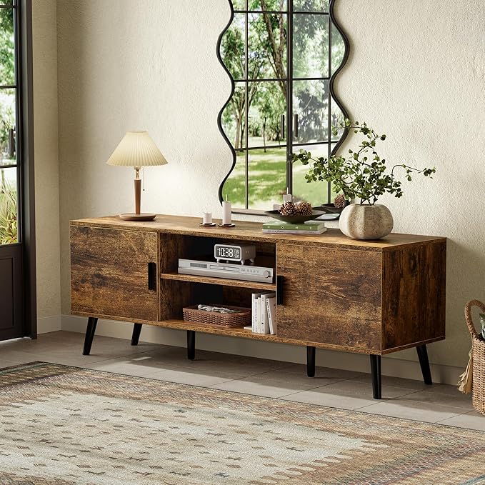 SUPERJARE TV Stand for 55 Inch TV, Entertainment Center with Adjustable Shelf, 2 Cabinets, TV Console Table, Media Console, Solid Wood Feet, Cord Holes, for Living Room, Bedroom, Rustic Brown