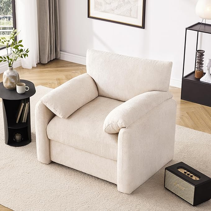 Howjoe Chenille Oversized Armchair, 38.6" Wide Accent Chairs for Living Room & Bedroom Modern Lounge Chair, Upholstered Mid-Century Reading Chair, Comfy Living Room Chair, Single Sofa Chair, Beige