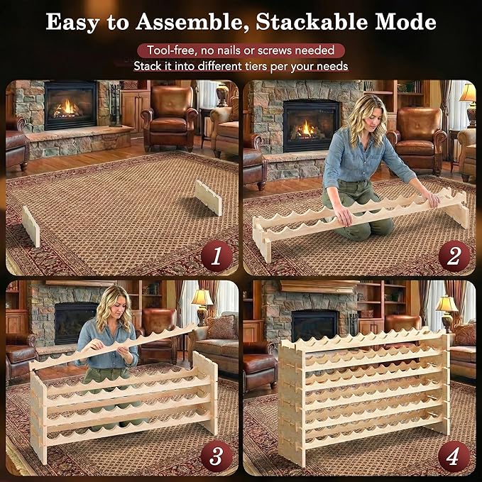 72 Bottles Stackable Modular Wine Rack, 6-Tier 72 Slots Floor Wine Storage Stand Wooden Wine Holder Display Shelves, Wobble-Free, Solid Wood, Floor Free Standing