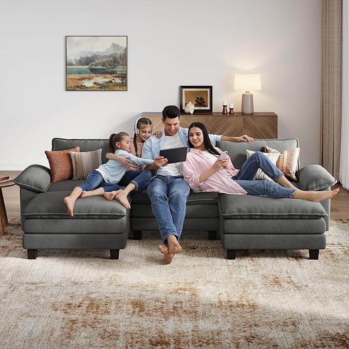 LINSY HOME 123" Modular U-Shaped Sectional Sofa, 3-Seat Corduroy Modern Cloud Couch with Deep Seat & 2 Movable Ottoman, Perfect for Living Room, Office, Bedroom, Grey