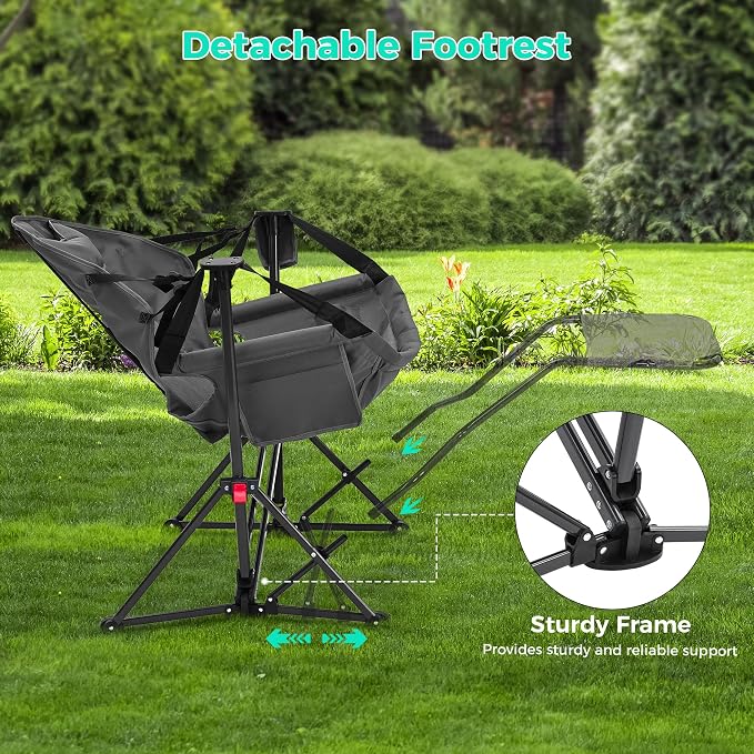 Ainfox Hammock Camping Chair with Footrest, Foldable Portable Rocking Chairs for Adults Outside Swinging Camp with Cup Holder Pillow for Outdoor Patio Poolside (Light Grey)