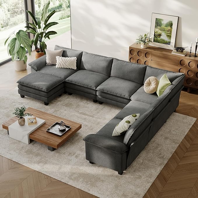 LINSY HOME Modular Sectional Sofa, 6-Seat Corduroy Modern Cloud Couch with Deep Seat & 1 Movable Ottoman, Perfect for Living Room, Office, Bedroom, Grey