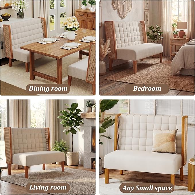 Andeworld Loveseat Settee Bench with Rattan Arms, Upholstered Modern Mini High-Back Sofa Couch,Banquette Dining Bench for Living Dining Room Bedroom Office Small Space Entryway,Beige