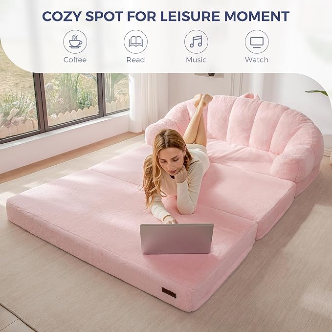 MAXYOYO Folding Sofa Bed, 2 in 1 Convertible Sofa to Lounger Comfy Loveseat Bean Bag Chair for Adults, Floor Sleeper Couch with Handle, Faux Fur Couch Bed for Living Room Bedroom, Pink, Loveseat