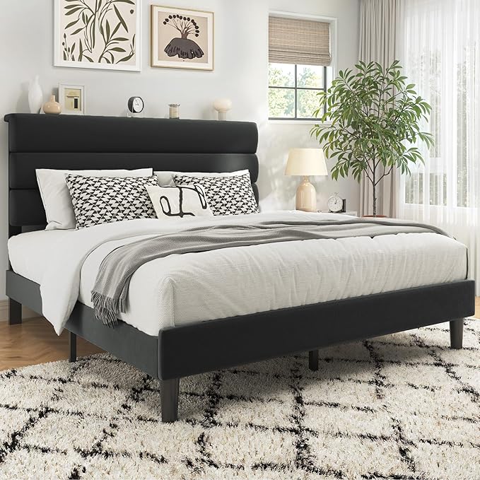 Fluest Queen Bed Frame, Platform Bed Frame with Velvet Upholstered Headboard, No Box Spring Needed, Sturdy Metal Support, Noise Free, Easy Assembly, Modern Bedroom Furniture, Black