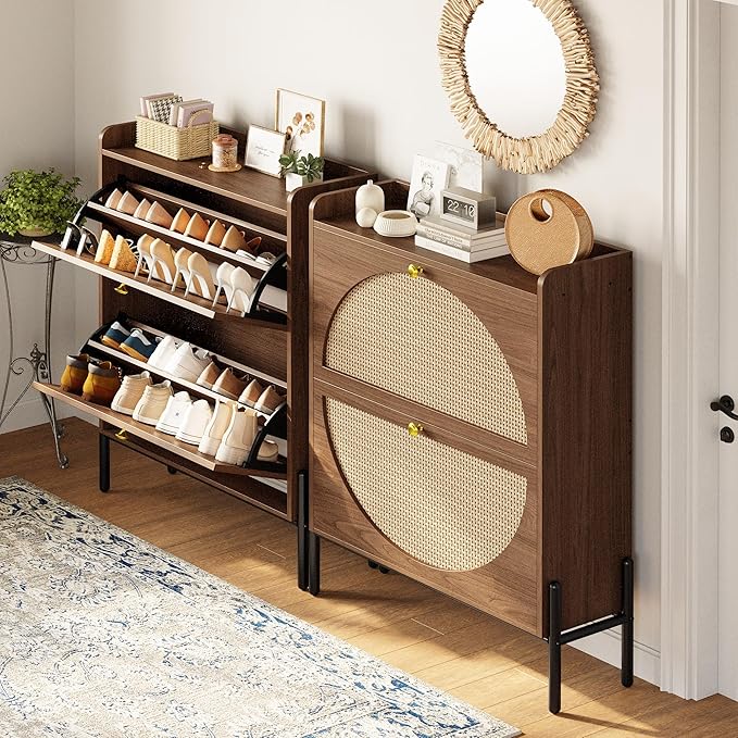 IRONCK Shoe Cabinet Storage with 2 Flip Drawers, Free Standing Wooden Shoe Storage Organizer Cabinet with Rattan Doors for Entryway, Narrow Shoe Rack Cabinet, Walnut