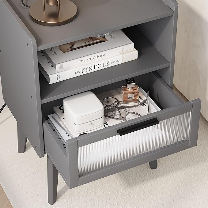 MMEOLUOOK Nightstand with Charging Station, Bedside Tables Grey End Table Side Table with 2 Tiers Storage Space, for Bedroom Living Room CAMLBZ07ZE