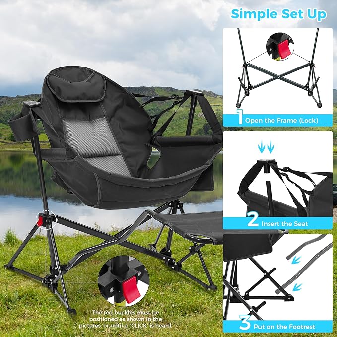 Ainfox Hammock Camping Chair with Footrest, Foldable Portable Rocking Chairs for Adults Outside Swinging Camp with Cup Holder Pillow for Outdoor Patio Poolside (Black)