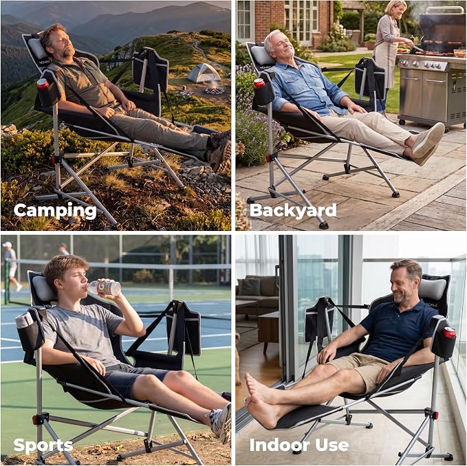 Hammock Camping Chair with Footrest, Oversized Swinging Folding Camp Chair for Adults, Adjustable Back & Seat, Heavy Duty Rocking Chair with Cup Holder & Pillow for Outdoor Patio Lawn RV, Black