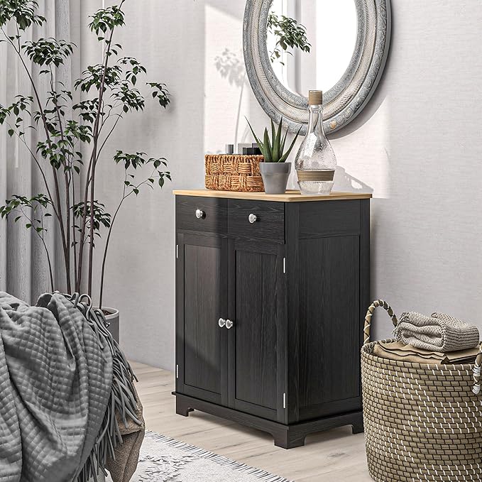 HOMCOM Sideboard Buffet Cabinet with Solid Wood Countertop, Modern Kitchen Storage Cabinet, Coffee Bar Cabinet with 2 Drawers, Doors and Adjustable Shelf, Distressed Black