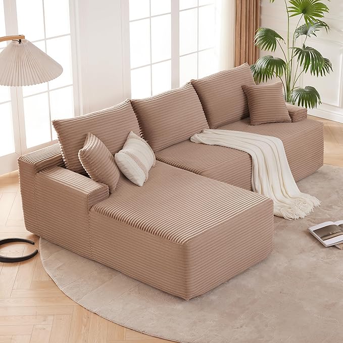 Mangodan Cloud Sectional Couch, Boneless Sofa for Living Room, Modular Sectional Sofa with Deep Seat, Fluffy Comfy Couch with L-Shaped Chaise, No Assembly Required, Camel