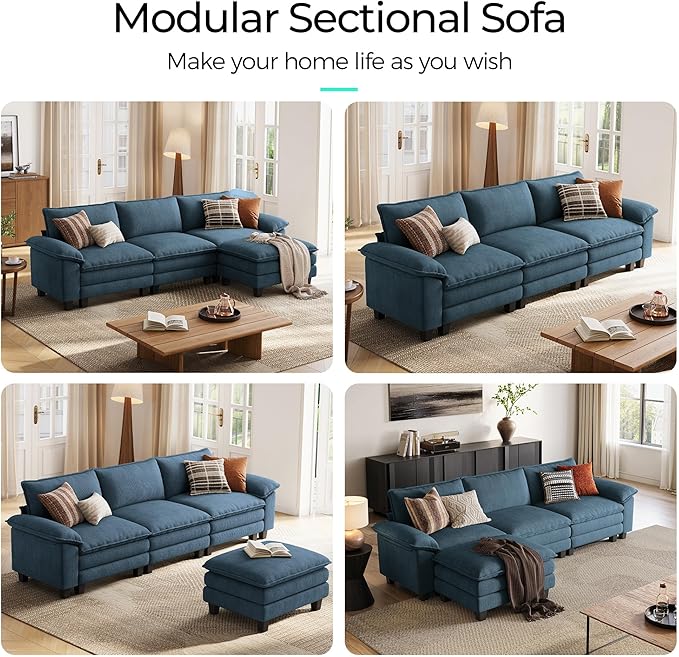 LINSY HOME 123" Modular L-Shaped Sectional Sofa, 3-Seat Corduroy Modern Cloud Couch with Deep Seat & 1 Movable Ottoman, Perfect for Living Room, Office, Bedroom, Blue