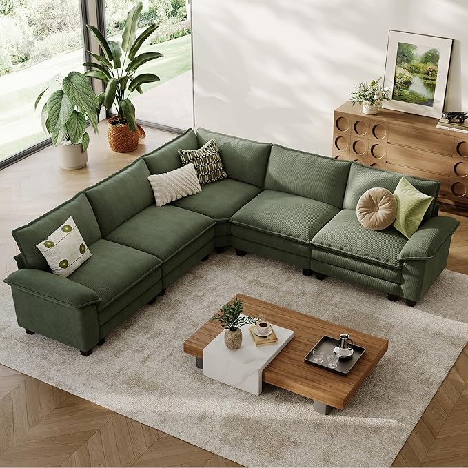 LINSY HOME Modular Sectional Sofa, 5-Seat Corduroy Modern Cloud Couch with Deep Seat, Perfect for Living Room, Office, Bedroom, Green