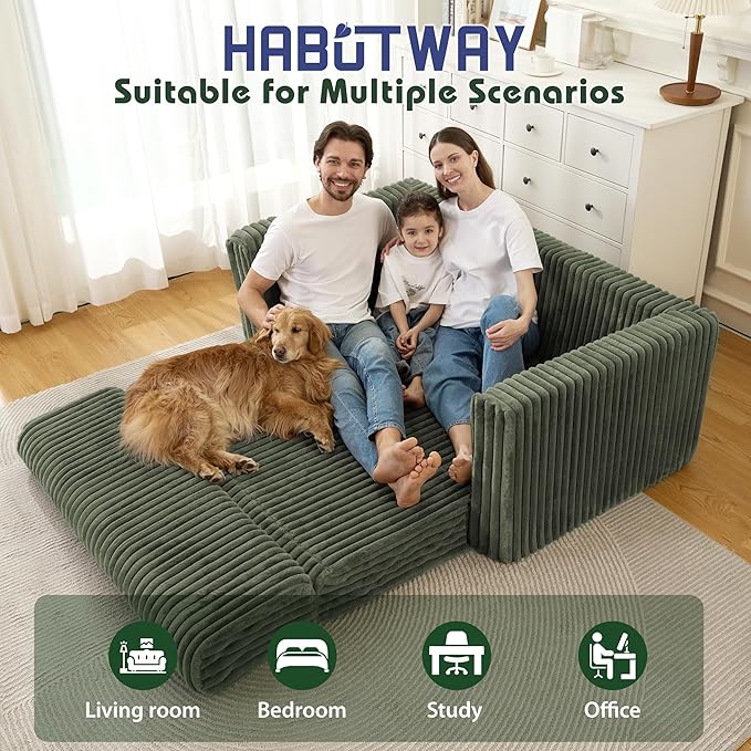 HABUTWAY 49.8" Loveseat Boneless Couch, 4-in-1 Convertible Sofa Bed, Plush Fur Folding Futon Sofa Bed Couches Without Pillow for Living Room, High-Density Foam Support, No Assembly Required, Green