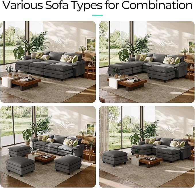 LINSY HOME 123" Modular Sectional Sofa, 3-Seat Corduroy Modern Cloud Couch with Deep Seat & 3 Movable Ottoman, Perfect for Living Room, Office, Bedroom, Grey