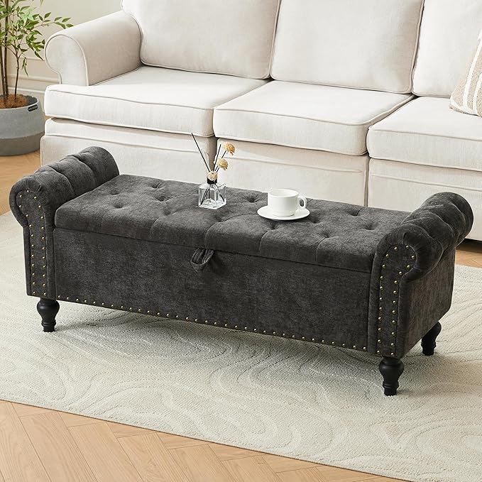 51" Storage Ottoman Bench, End of Bed Bench for Bedroom, Chenille Upholstered Benches for Foot of Bed, Window Benches, Storage Ottomans for Living Room, Entryway, Dark Gray