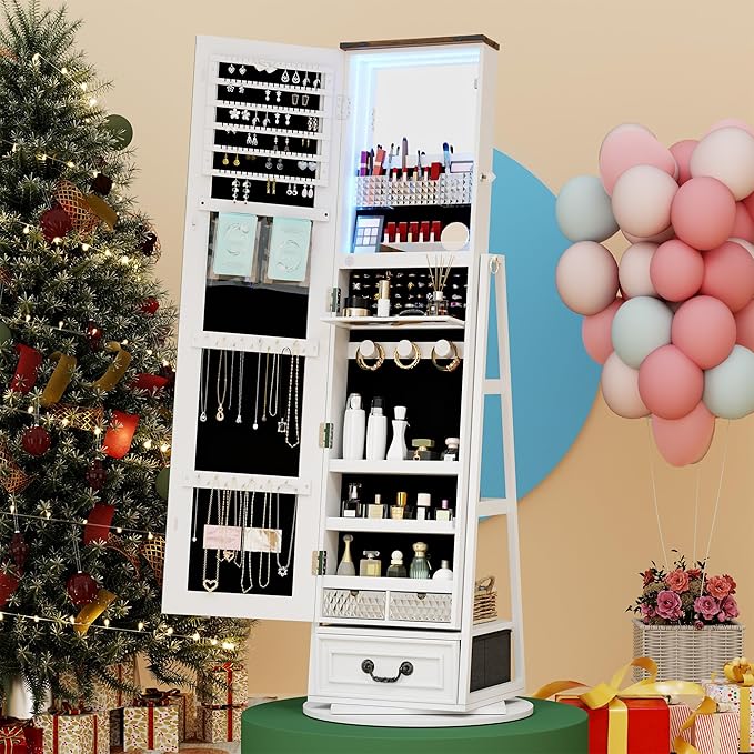 HWB Standing Full-Length Mirror Jewelry Armories, Jewelry Organizer with LED Lights 360° Swivel, Lockable Jewelry Cabinet, Jewelry Storage with Shelves & Stable Base White