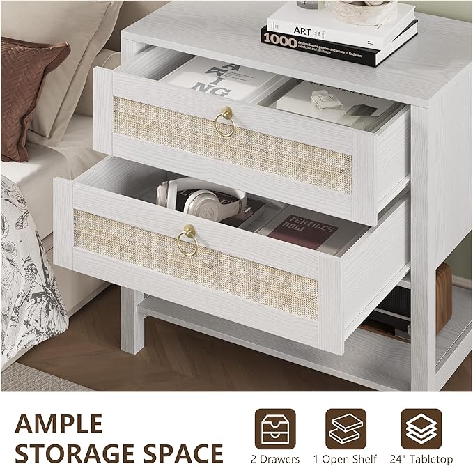 Xixini Nightstand wih 2 Drawers & Open Shelf, 27" Wide Rattan Boho Bedside Table with Brass Knobs, Small Mid Century Modern Night Stand, Wooden End Side Table for Bedroom, Living Room, Closet, White