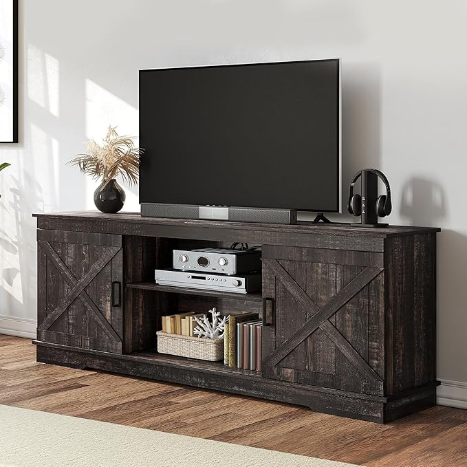 YITAHOME Farmhouse TV Stand for 65 Inch TV, Mid Century Modern Entertainment Center with Double Barn Doors, Rustic TV Media Console TV Cabinet for Living Room, Dark Oak