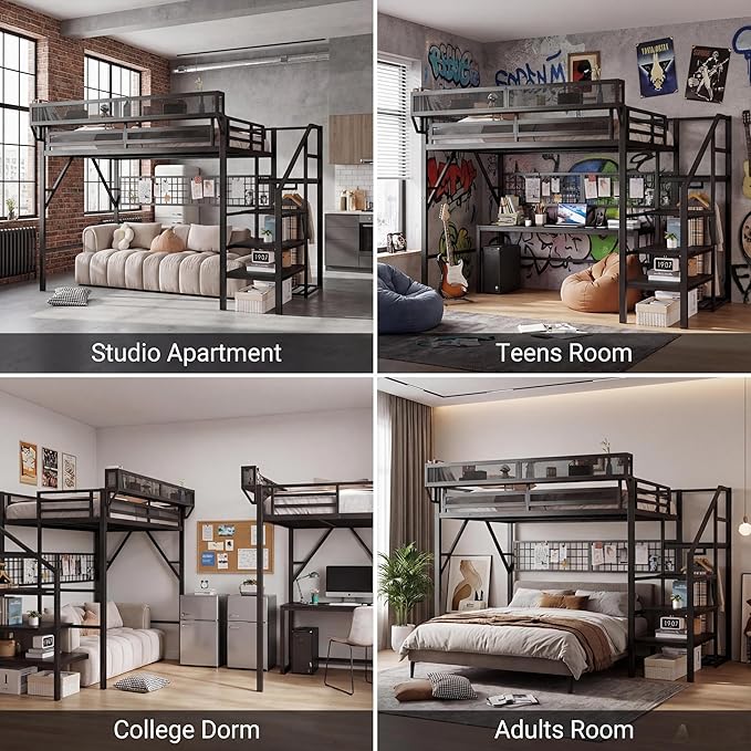 Full Size Loft Bed with Stairs and LED Light, Metal Loft Bed Frame with Shelf for Adults, Tall Loft Beds with Storage Shelves and Wardrobe for Kids Boys Girls Teens, Convertible Staircase, Black