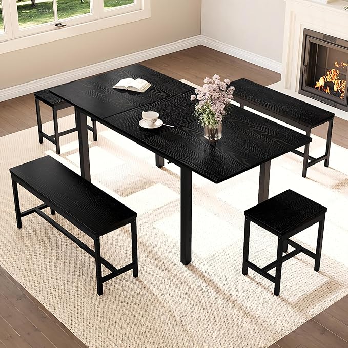 Garvee 5 PCs Extendable Dining Table Set for 4-8 People, 63 in Kitchen Table with 2 Benches & 2 Stools, Modern Dining Room Furniture, Easy Assembly Metal Frame