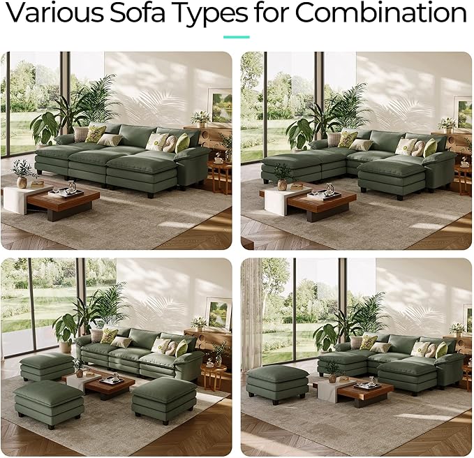LINSY HOME 123" Modular Sectional Sofa, 3-Seat Corduroy Modern Cloud Couch with Deep Seat & 3 Movable Ottoman, Perfect for Living Room, Office, Bedroom, Green