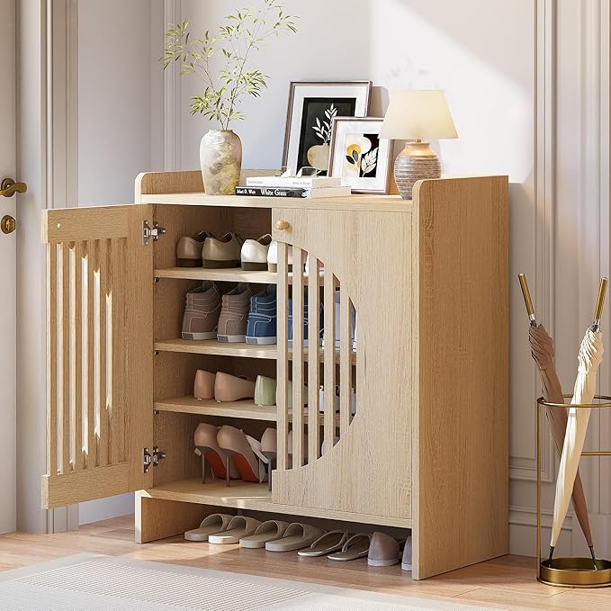 LIKIMIO Shoe Cabinet with Adjustable Shelves, 4-Tier Shoe Storage Cabinet with Slatted Doors, Freestanding Wooden Shoe Cabinet Storage for Entryway, Hallway, Living Room, Oak Natural