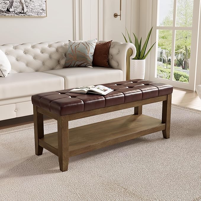ABHENG Solid Rubber Wood Shoe Bench, Easy-Clean PU Upholstered Seat, 770LB Load, Space-Saving Storage for Entryway/Living Room, Easy Assembly, Vintage Style, 43.3"x15.7"x17.7", Brown, UASND65R
