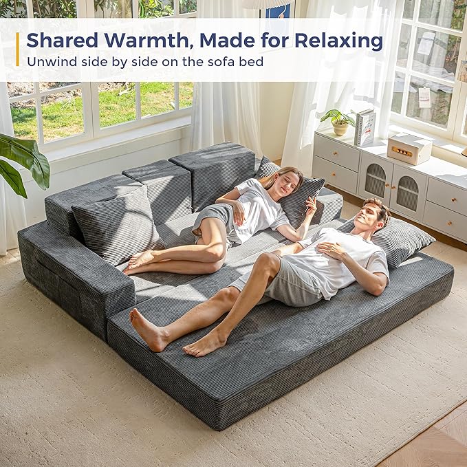 MAXYOYO Convertible Sofa Bed, 80" Oversized Boneless Loveseat Couch 4 in 1 Foldable Floor Sofa Couch in A Box with 2 Cup Holders, Folding Sleeper Chair for Living Room, Charcoal Grey