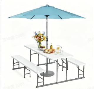 VINGLI Folding Picnic Table and Bench Set with Umbrella, Portable Outdoor Dining Furniture for Camping, Patio, Backyard, Wood Grain Plastic Top with Metal Frame with Light Blue Umbrella