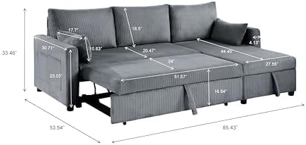 Sectional Sleeper Sofa with Pull Out Bed, L Shape Convertible Sofa Bed Couch with Storage Chaise, 3 in 1 Pull Out Sofa Bed with 3 Seats for Living Room,Apartment, Gray, 85Inch