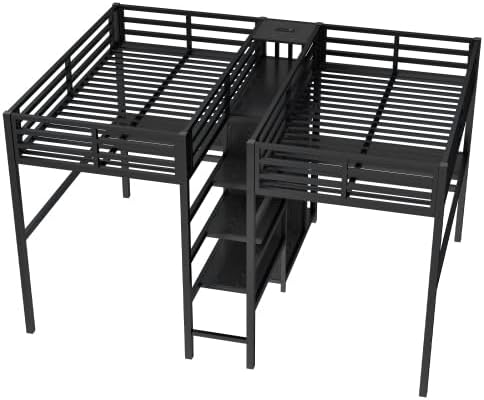 Harper & Bright Designs Twin Metal Loft Bed with Desk and Wardrobe for 2, Double Loft Bed Frame with Storage Shelf and Electrical Outlet, Black