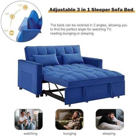 3 in 1 Convertible Sleeper Sofa Bed, Velvet Fabric Loveseat Sofa Bed with Adjustable Backrest & Large Side Pockets, Pull Out Couch for Small Spaces, Apartment, Living Room, Blue