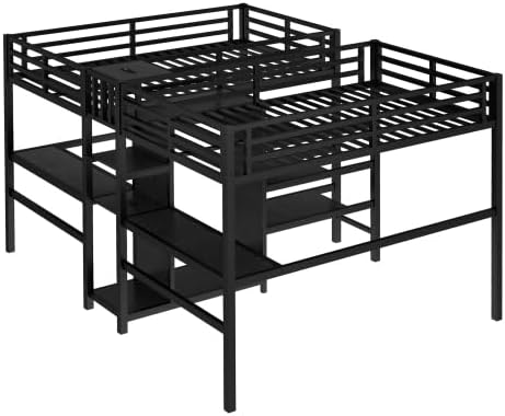 Harper & Bright Designs Twin Metal Loft Bed with Desk and Wardrobe for 2, Double Loft Bed Frame with Storage Shelf and Electrical Outlet, Black