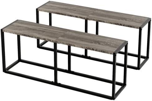 VINGLI Set of 2 Industrial Dining Benches, Gray Kitchen Table Benches w/Heavy Metal Frame, Non-Slip Foot Pads, Backless Dining Table Seating Benches for Entryway, Living Room & Small Spaces
