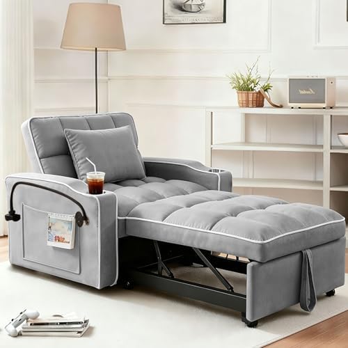 Sleeper Chair, Convertible Pull Out Chair Sleeper with Bracket and Cup Holder, Chairs Bed Sleepers with USB Ports for Adults, 3 in 1 Single Sofa Bed for Small Spaces, Living Room, Gray