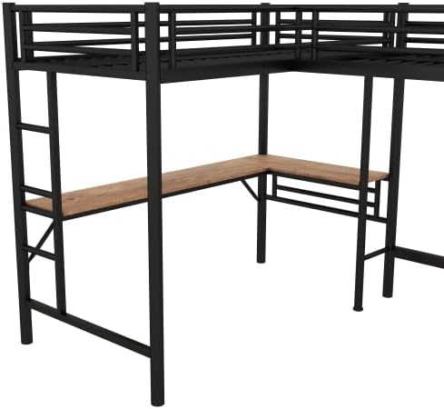 Harper & Bright Designs Twin Size Loft Bed with L-Shaped Desk, Metal Loft Bed Frame with Ladder for Kids Teens Boys Girls, No Box Spring Needed, Space Saving, Black