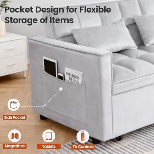 3 in 1 Convertible Sleeper Sofa Bed, Velvet Fabric Loveseat Sofa Bed with Adjustable Backrest & Large Side Pockets, Pull Out Couch for Small Spaces, Apartment, Living Room, Gray