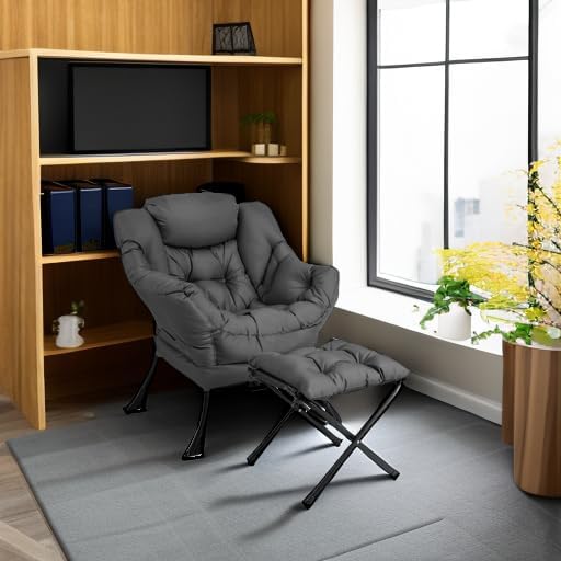 Giantex Lazy Chair with Ottoman, Accent Sofa Chair with Folding Footrest, Side Storage Pocket, Upholstered Leisure Lounge Armchair with Stool for Bedroom, Living Room, Office, Gray