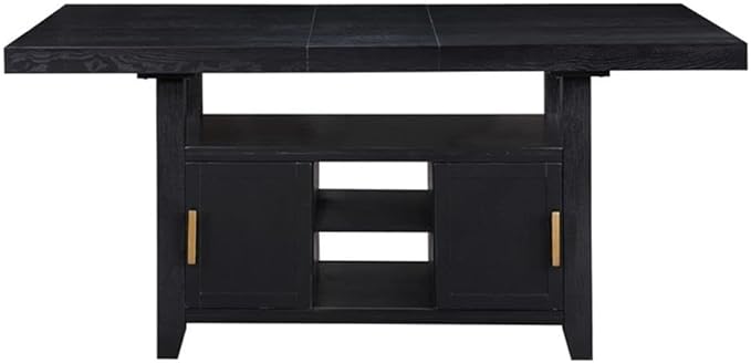 Pemberly Row Rubbed Charcoal Wood Counter Height Storage 6-Piece Dining Set, Acacia Veneers, Oil-Rubbed Brass Accents, Expandable Table, Bench and Chairs with Durable Fabric for Dining Room