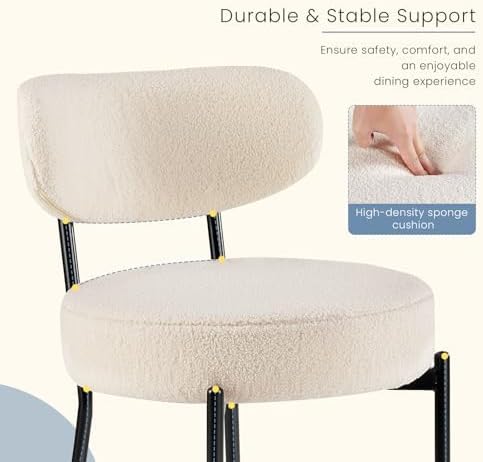 DUMOS Dining Chairs Set of 2, Mid Century Modern Chair Round Upholstered Curved Backrest, Kitchen Vanity Living Room Chairs with Black Metal Legs，Light Beige