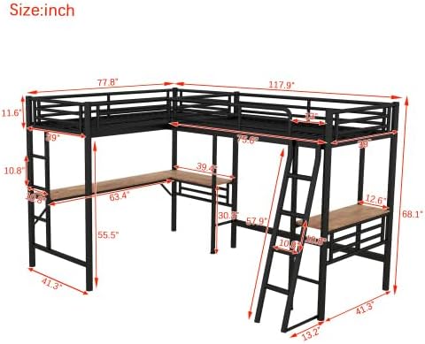 Harper & Bright Designs Twin Size Loft Bed with L-Shaped Desk, Metal Loft Bed Frame with Ladder for Kids Teens Boys Girls, No Box Spring Needed, Space Saving, Black