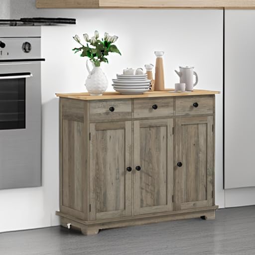 HOMCOM Sideboard Buffet Cabinet with Solid Wood Countertop, Modern Kitchen Storage Cabinet, Coffee Bar Cabinet with 3 Drawers, Doors and Adjustable Shelf, Distressed Gray