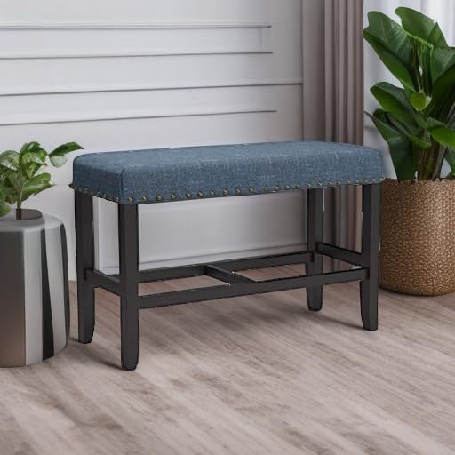 Roundhill Furniture PB162BU Biony Fabric Counter Height Dining Bench with Nailhead Trim, Blue