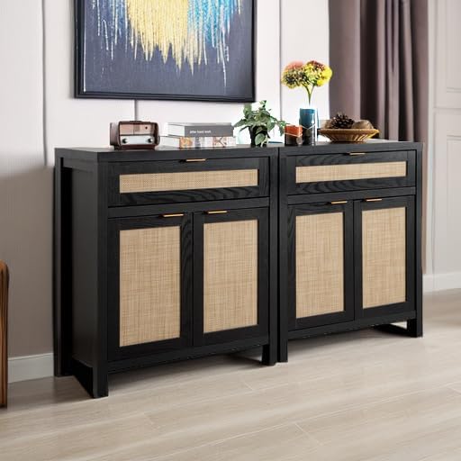 SICOTAS Sideboard Buffet Storage Cabinet Set of 2, Rattan Credenza Buffet Table, Modern Console Accent Cabinet with Doors and Drawer, Coffee Bar Cabinets for Kitchen Entryway Living Room, Black